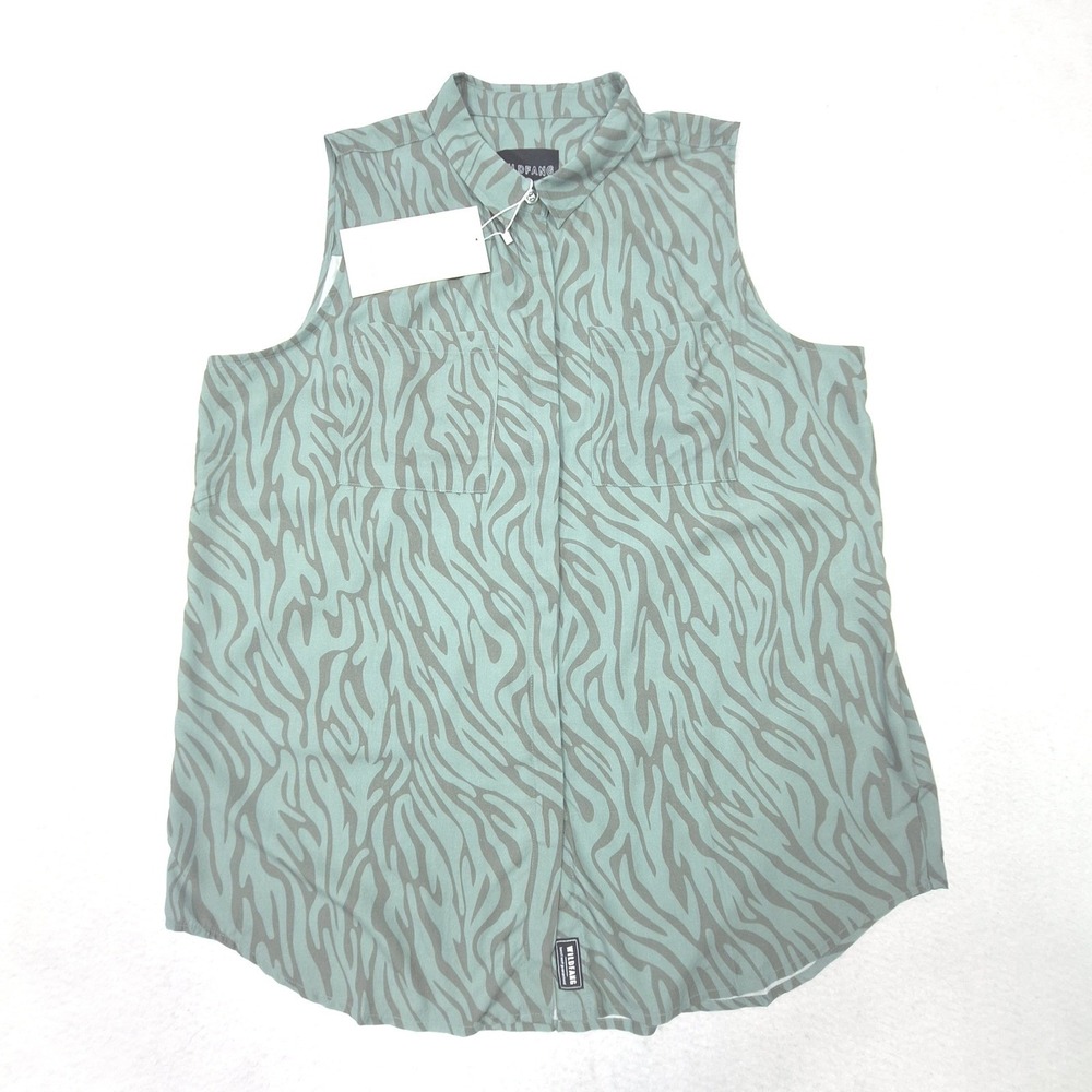 Wildfang Empower Sleeveless Button Up Womens Large‎ Green Zebra Print Top NWT